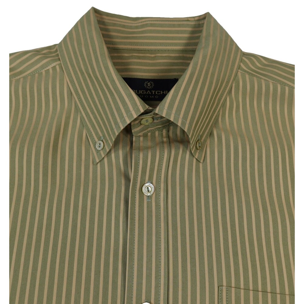 Bugatchi Uomo Button Down Shirt Men's Size XL Green & Gold Striped Long Sleeves